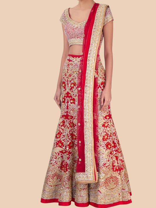 Traditional Indian outfit with red and gold patterns on a beige background