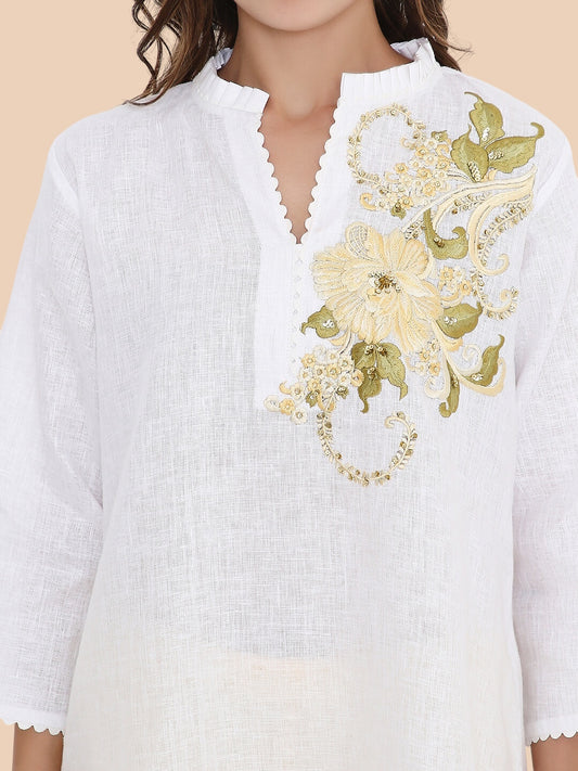 White Linen Kurti with Yellow Floral Resham Embroidery