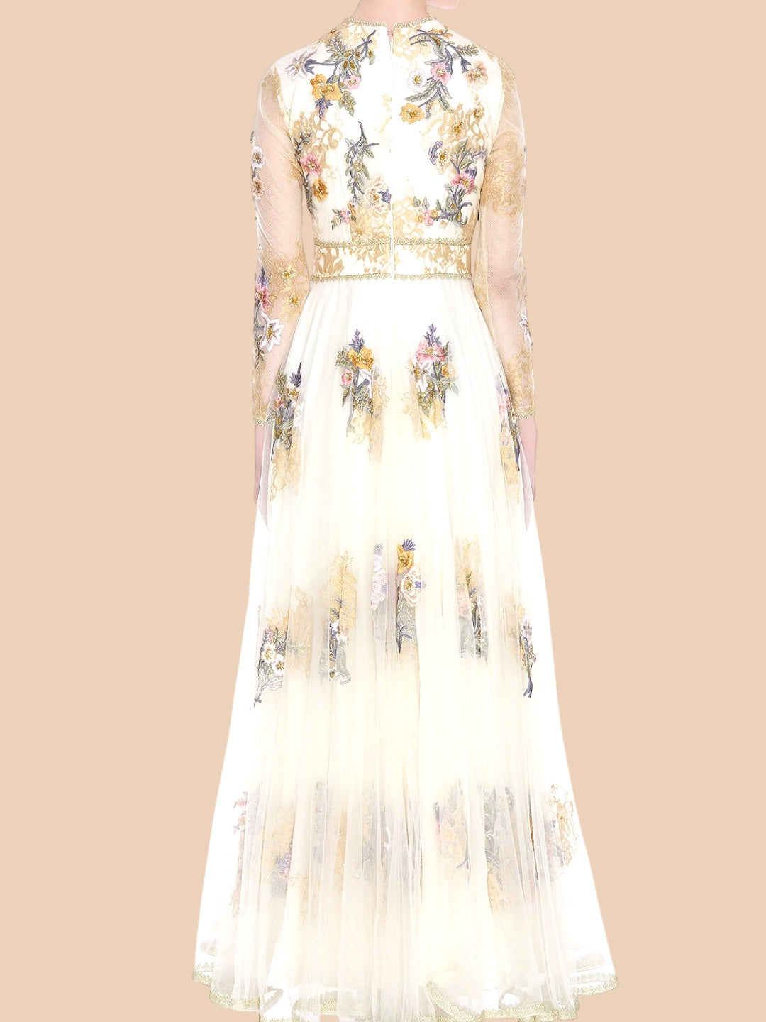 Ivory gown featuring floral embroidery and sheer sleeves, adorned with gold lace appliqué for a timeless elegance.
