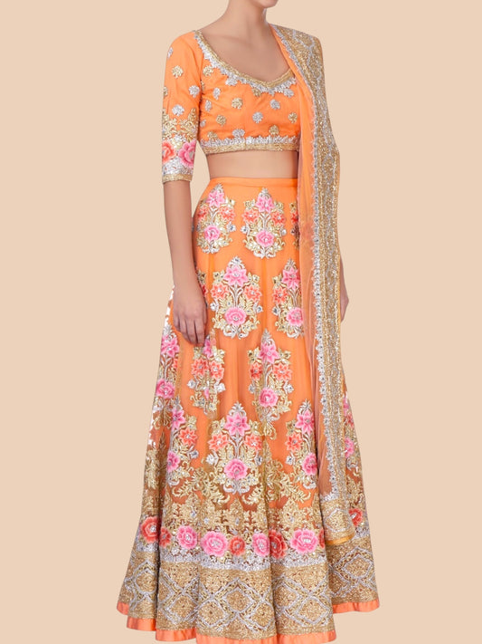 Apricot Pure Silk Lehenga Set with Gold Zardozi & Floral Embroidery