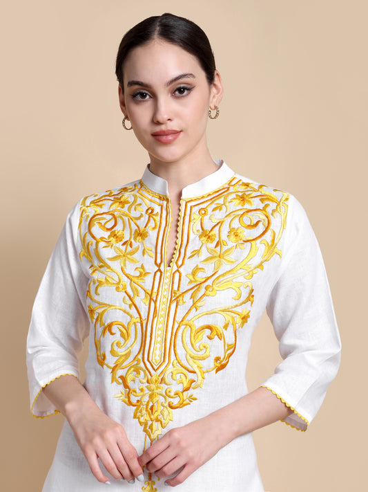 White Linen Kurta with Yellow Vintage Embroidery
