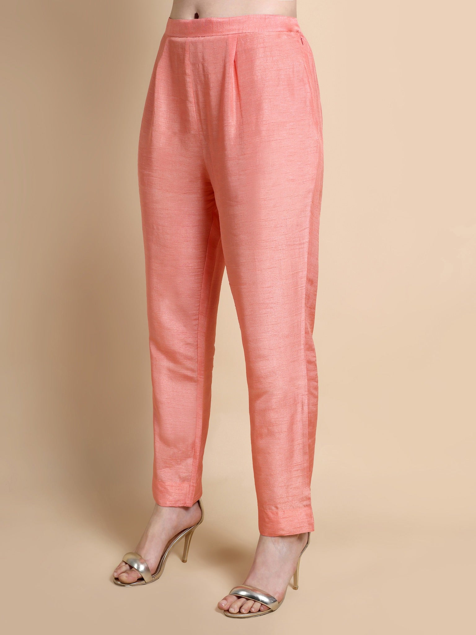Side view of trouser showing elegant straight silhouette