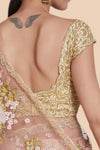 Back view of nude net blouse with gold zari and resham embroidery