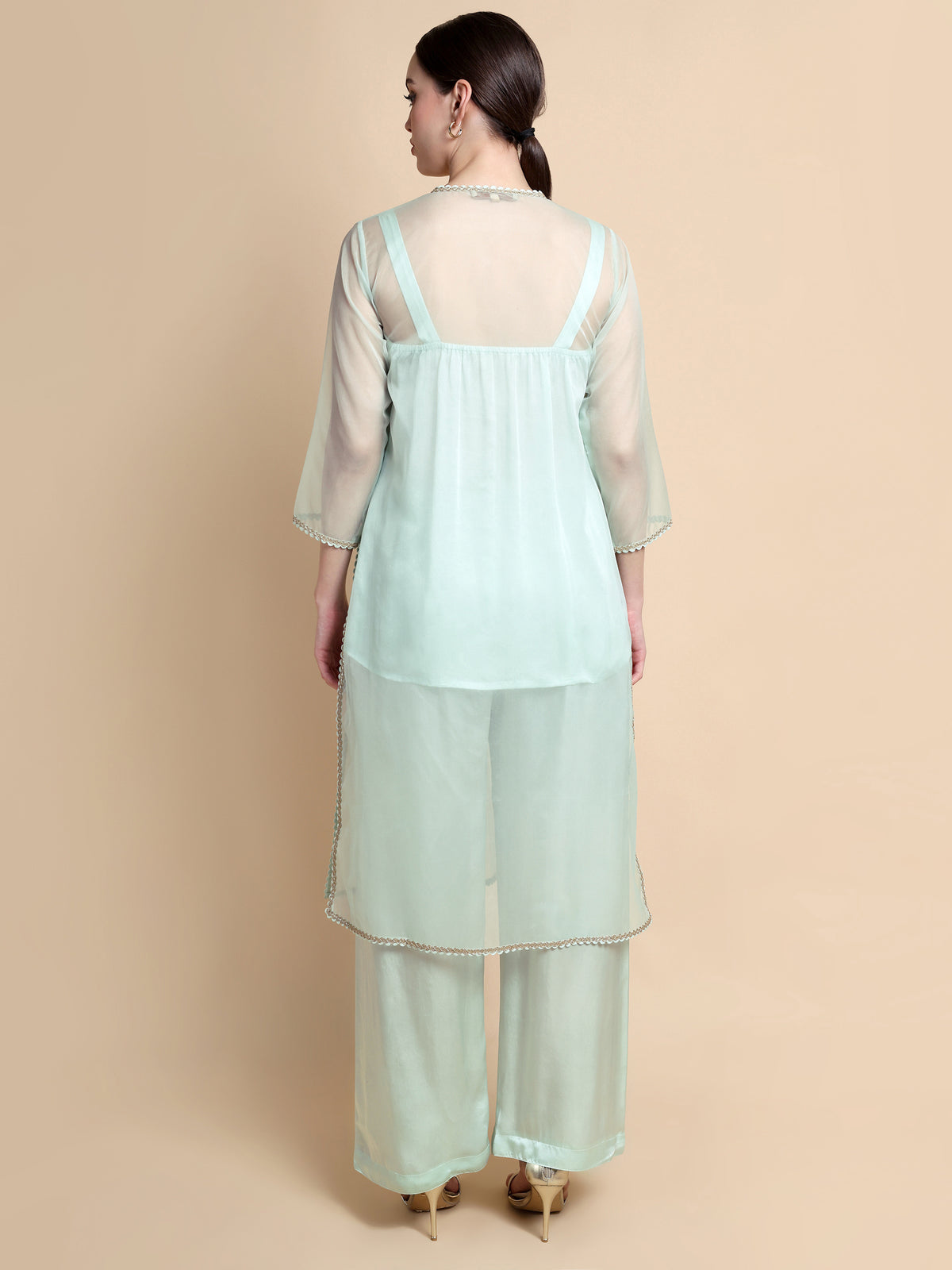 Pistachio Green Organza Kurta with Satin Palazzo & Dupatta