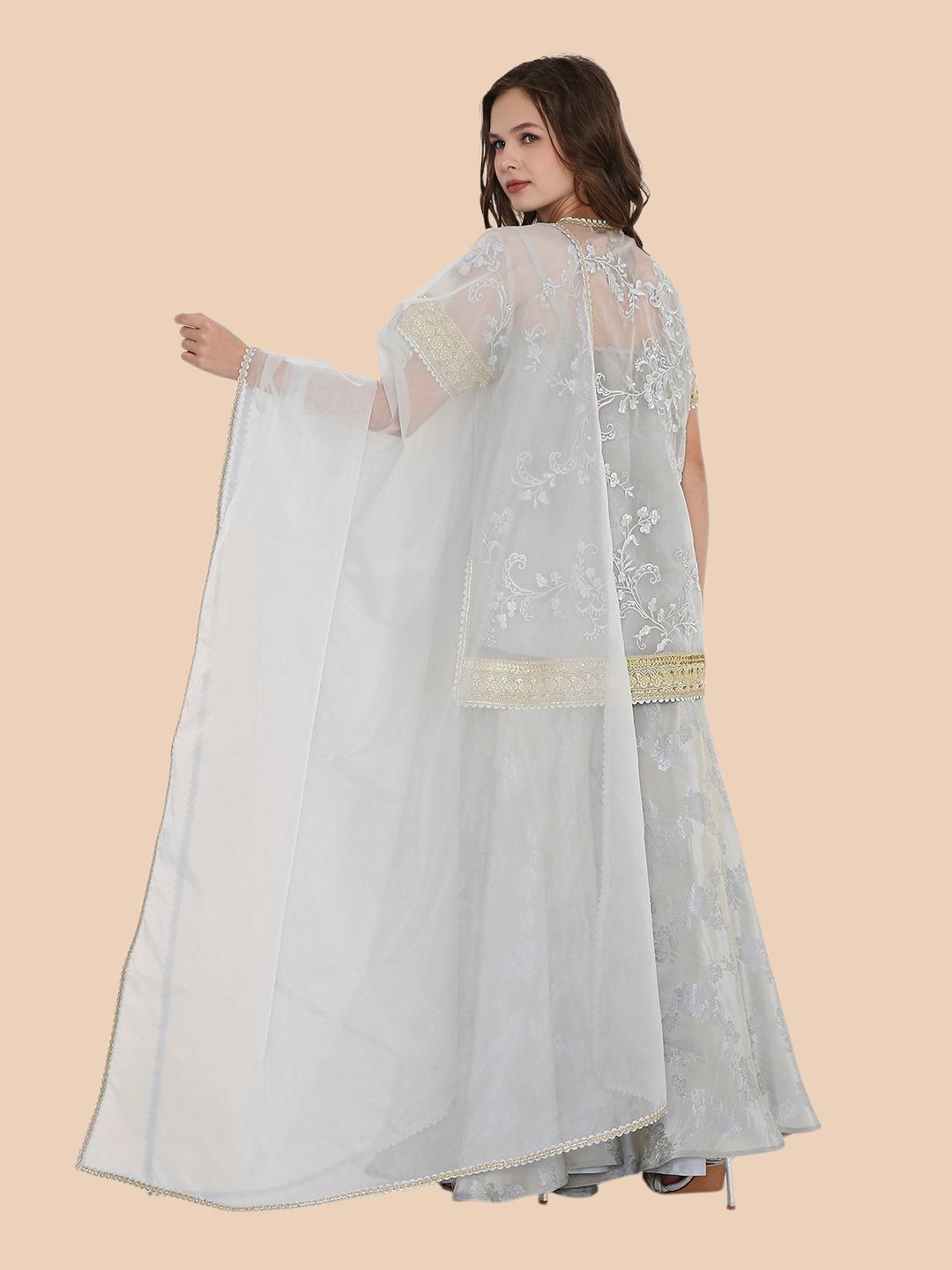 Woman wearing a light blue embroidered traditional outfit with a beige background