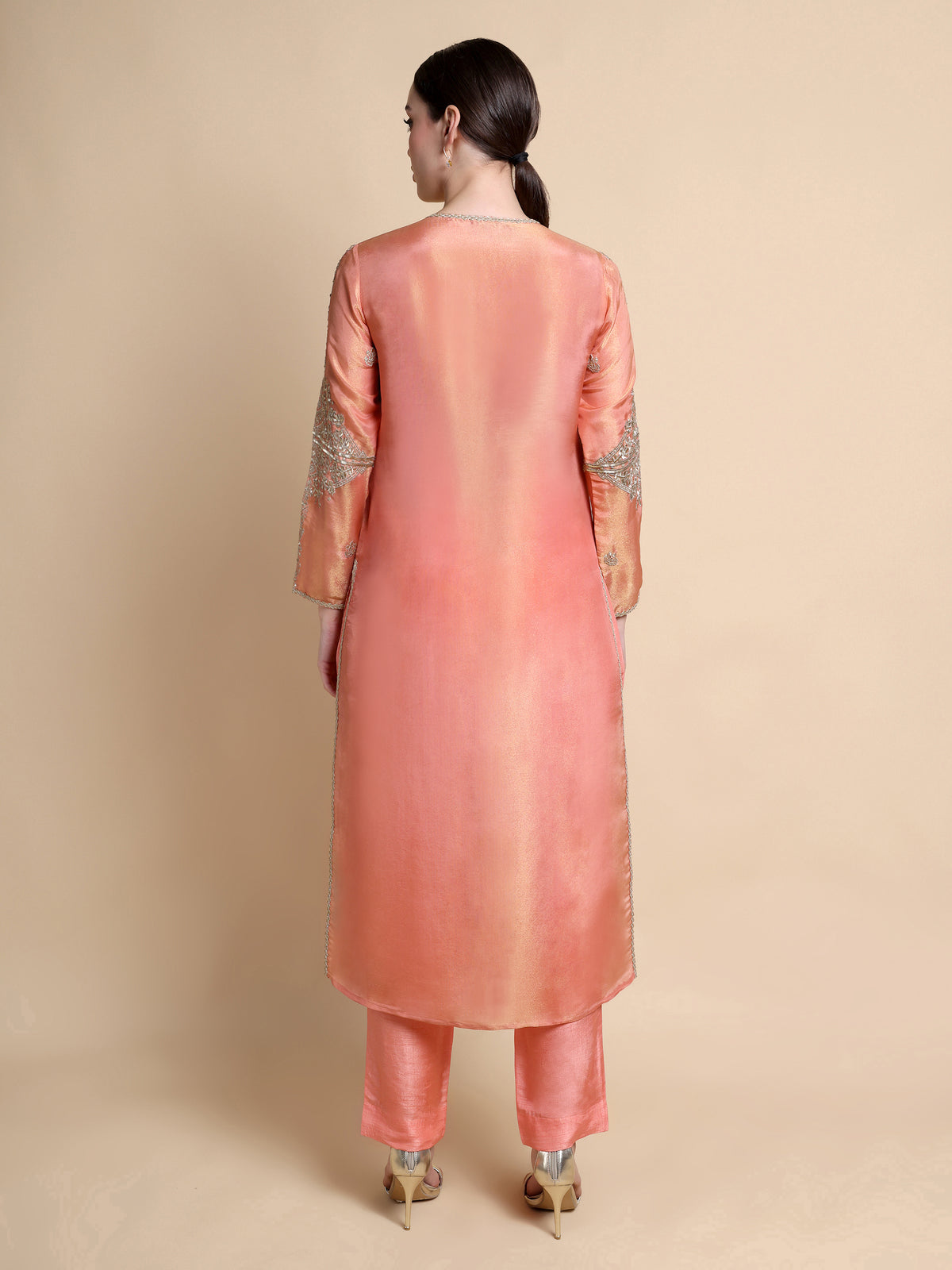 Pink Tissue Silk Kurta with Antique Gold Geometric Embroidery | Designer Ethnic Kurta