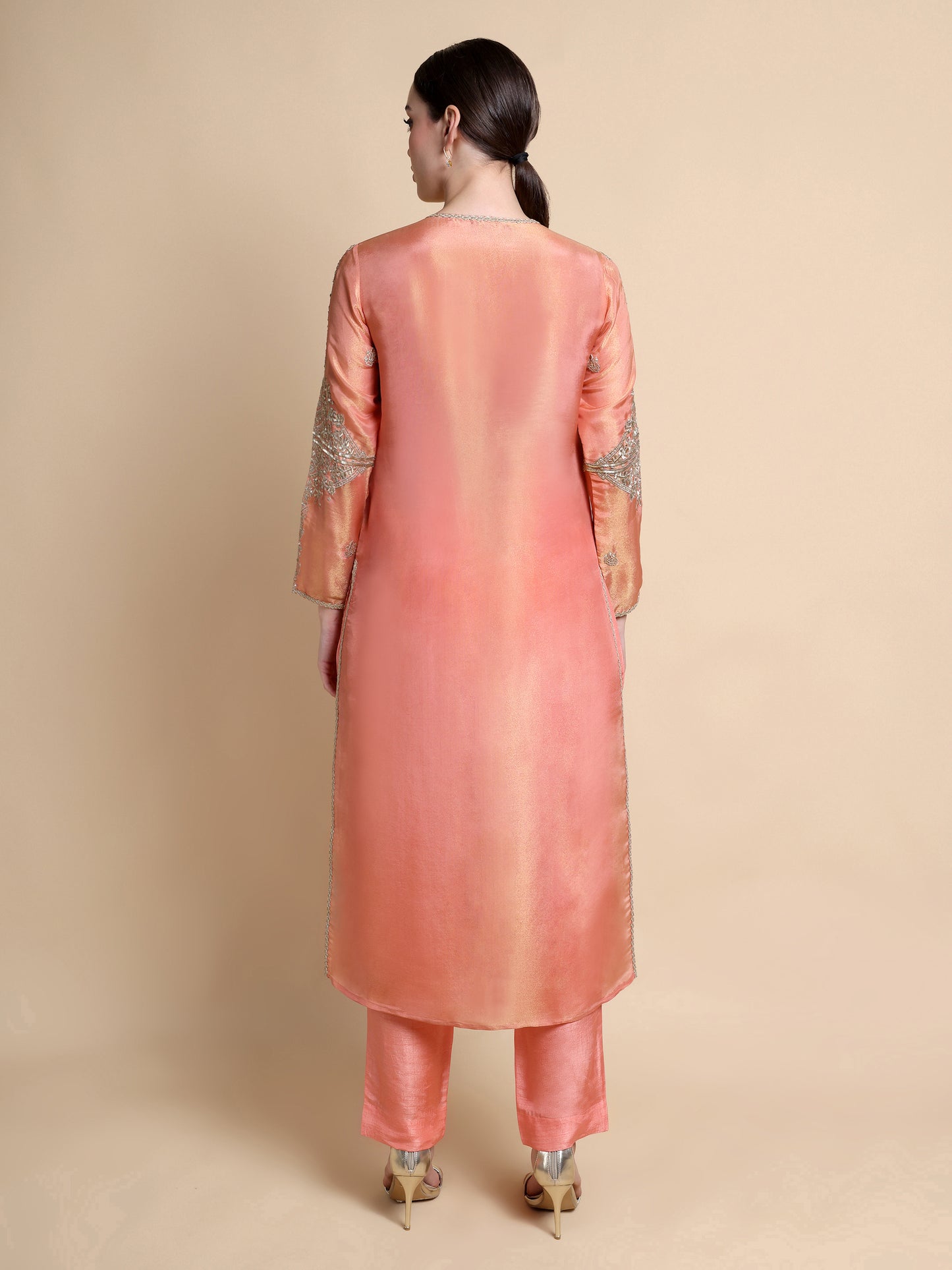Pink Tissue Silk Kurta with Antique Gold Geometric Embroidery | Designer Ethnic Kurta
