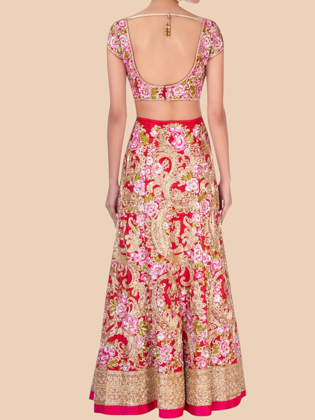 Floral and patterned outfit on a beige background