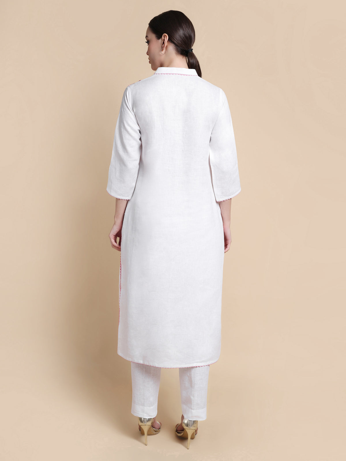 White Linen Kurta with Pink Vintage Embroidery