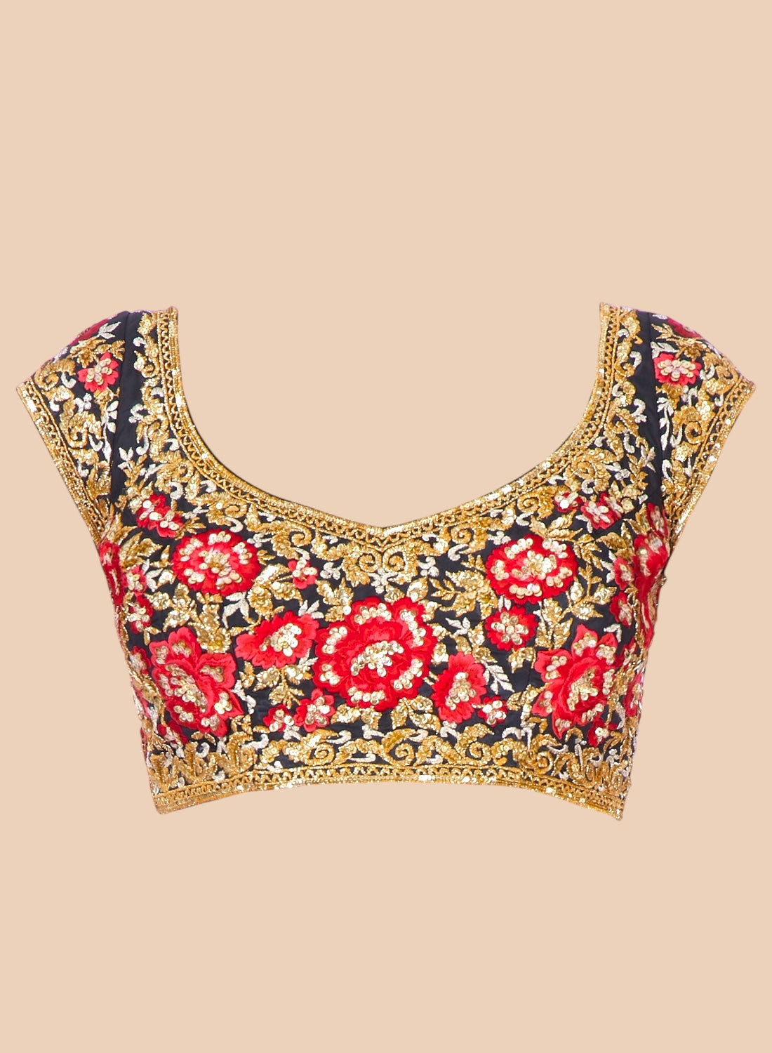 Decorative blouse with floral pattern and gold embroidery on a beige background
