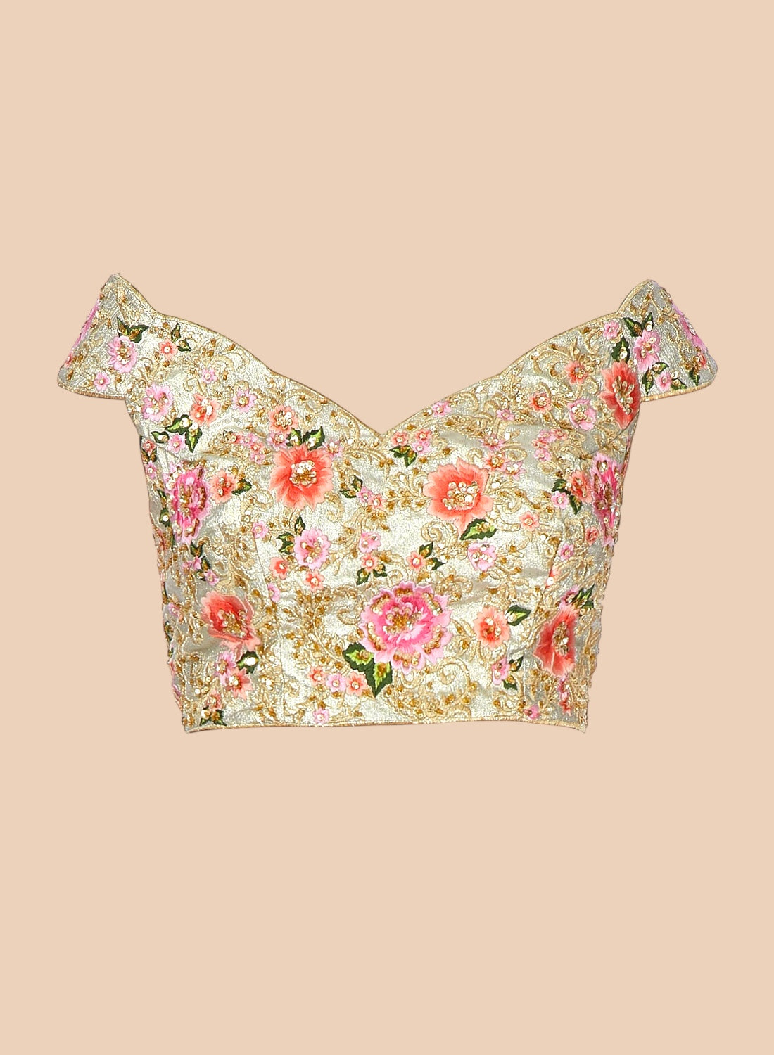Floral off-shoulder blouse on a beige background