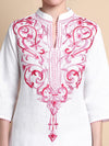 White Linen Kurta with Pink Vintage Embroidery