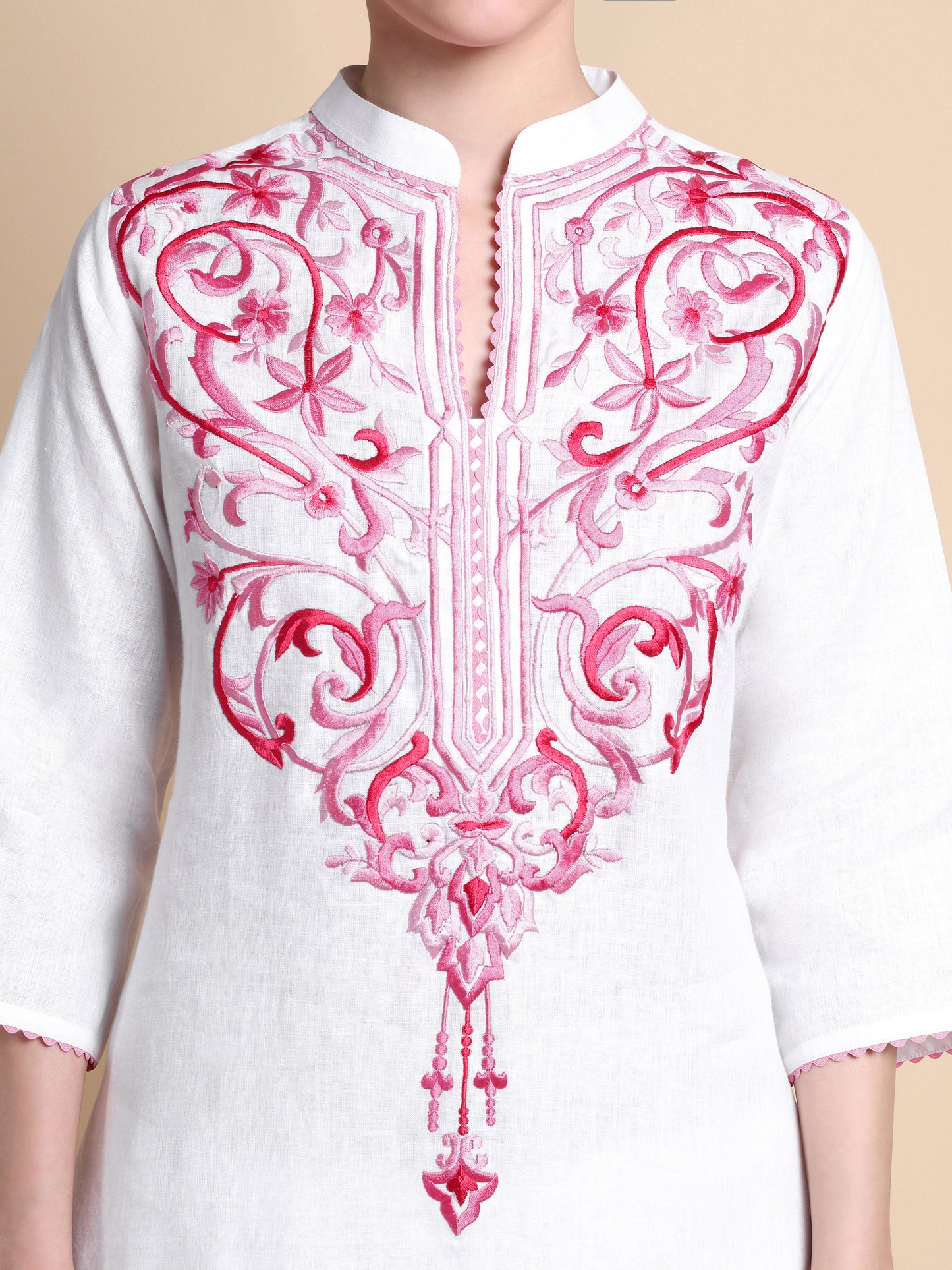 White Linen Kurta with Pink Vintage Embroidery