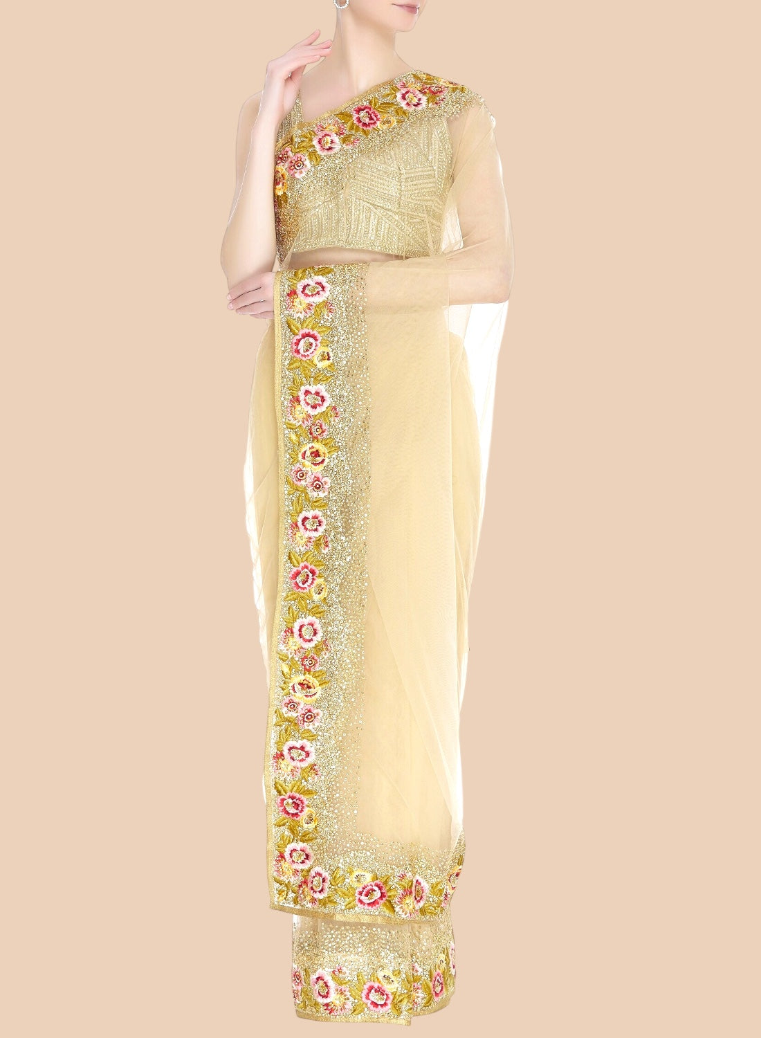 Beige saree with floral embroidery on a plain background