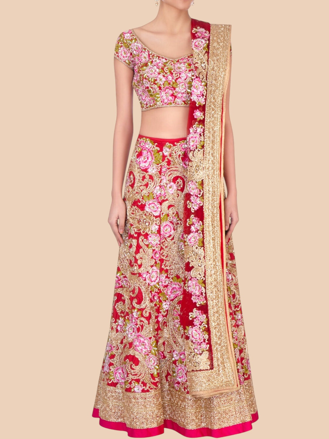 Traditional Indian outfit with floral patterns on a beige background