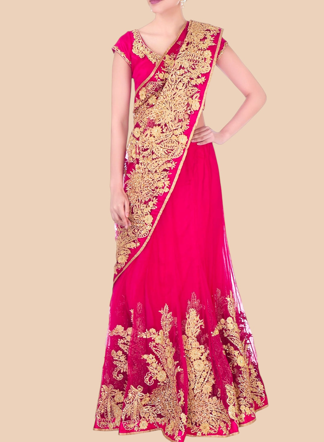 Pink saree with gold embroidery on a beige background