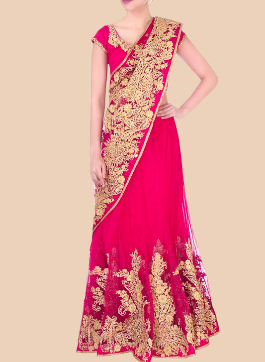 Pink saree with gold embroidery on a beige background