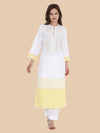 Front view of white linen kurta with ivory embroidery and yellow panelled hem.