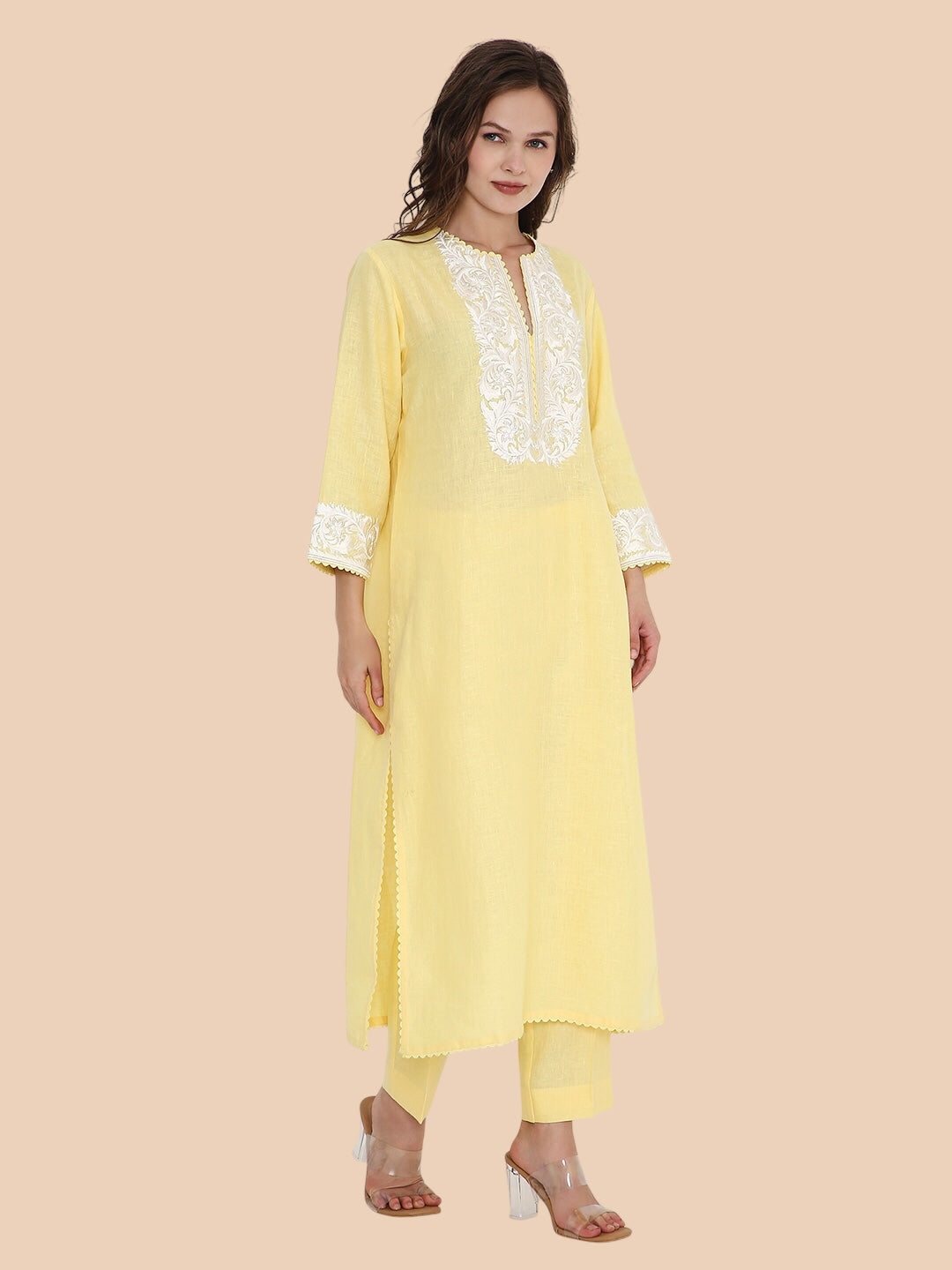Yellow Linen Kurta with Ivory Embroidery