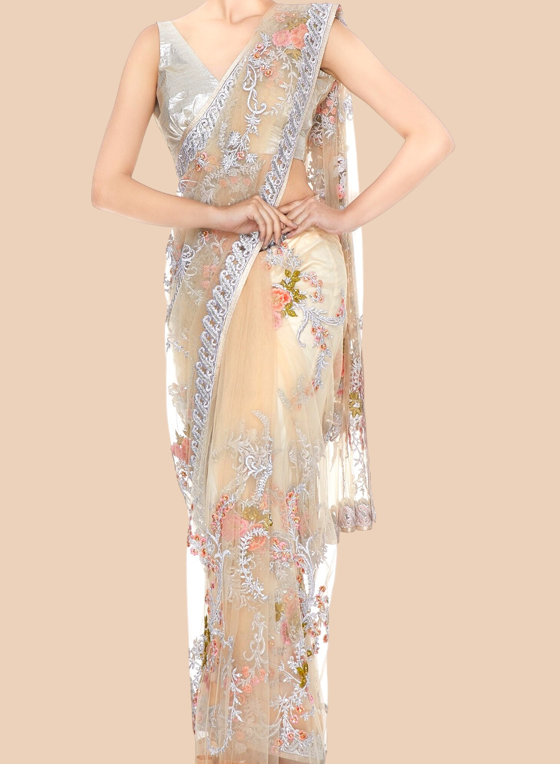 Woman wearing a floral embroidered saree with a plain background