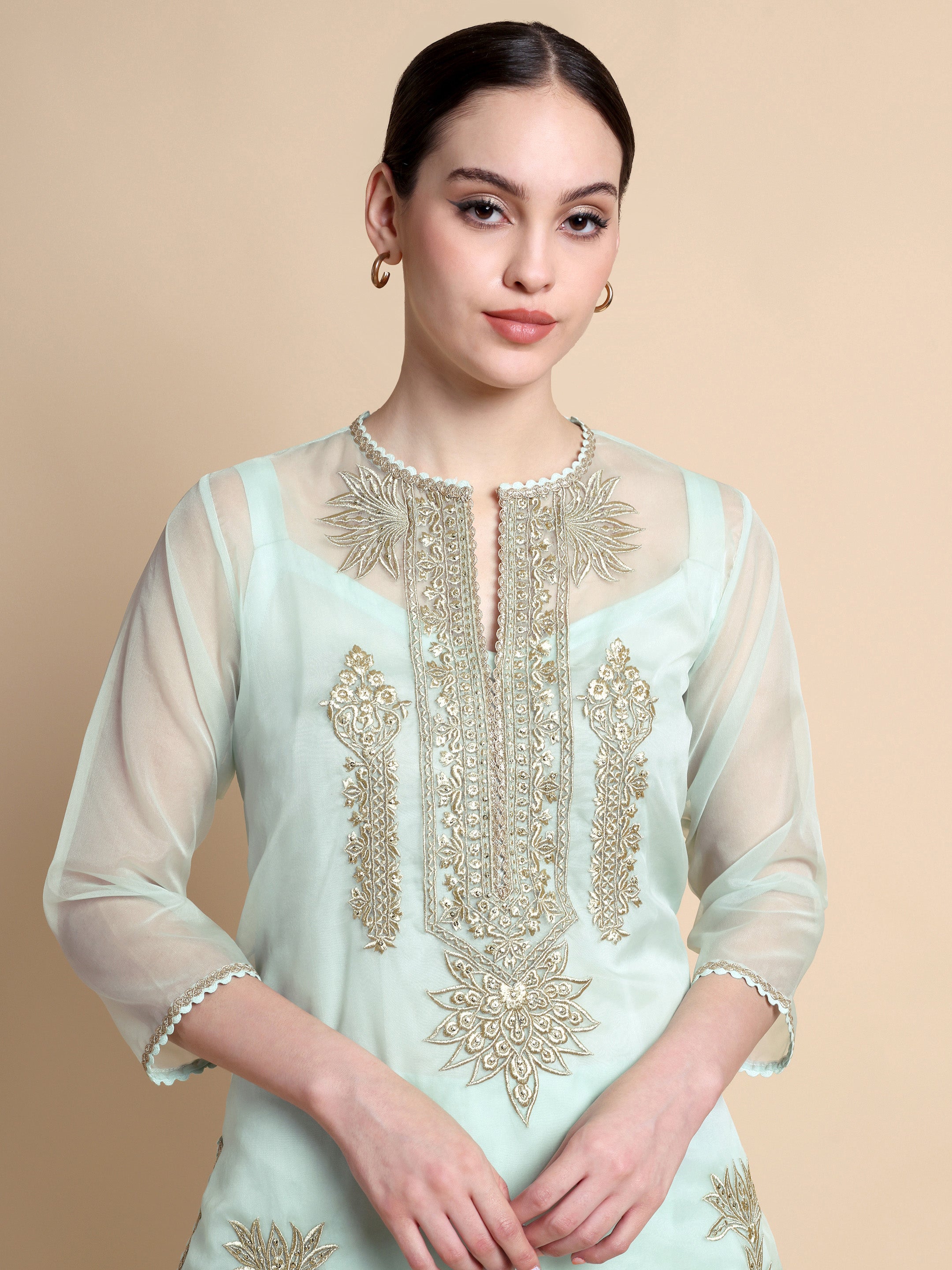 Light blue embroidered kurta worn by a model on a beige background