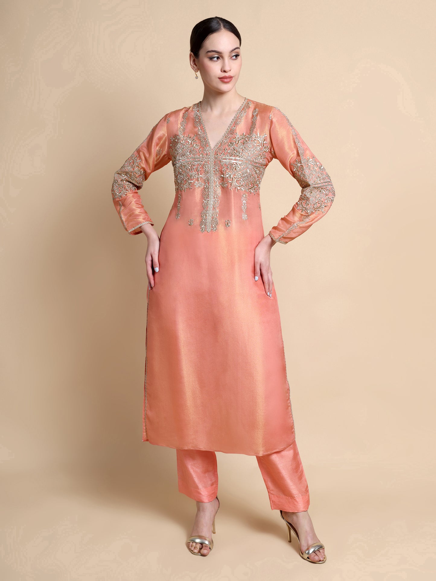 Pink Tissue Silk Kurta with Antique Gold Geometric Embroidery | Designer Ethnic Kurta