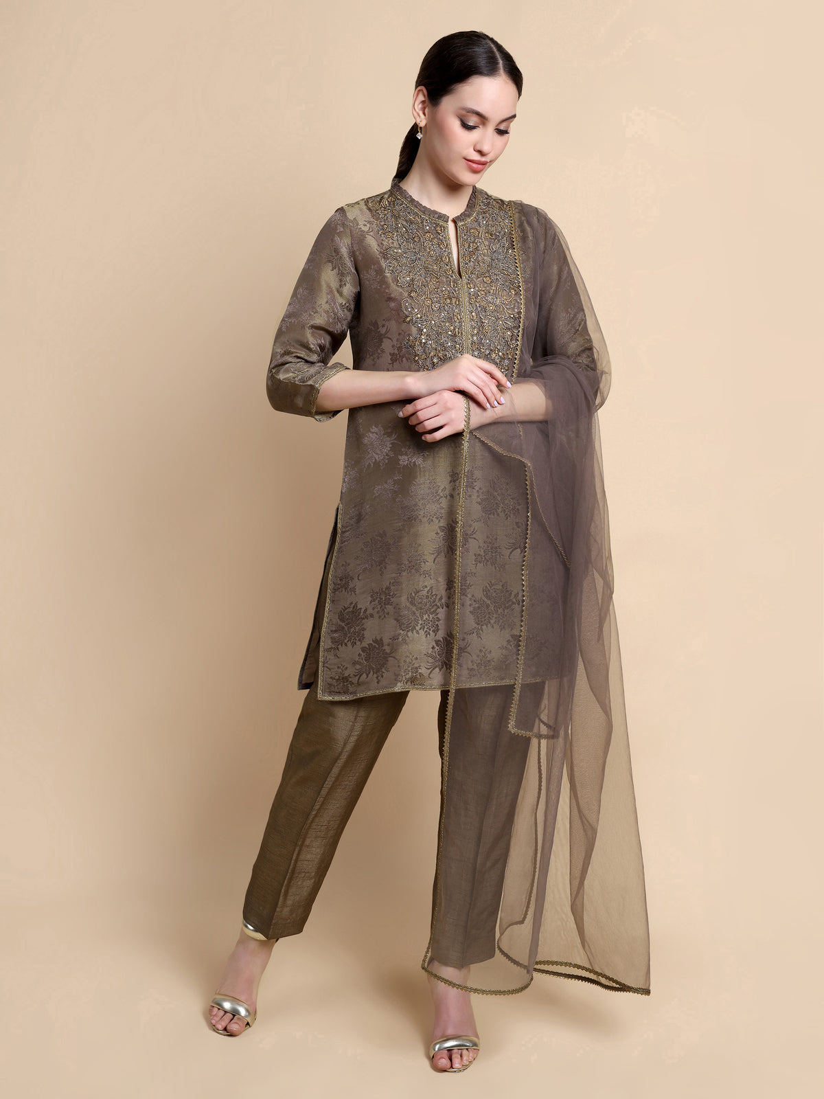 Mocha Tissue Jacquard Kurta with Silk Trousers & Net Dupatta