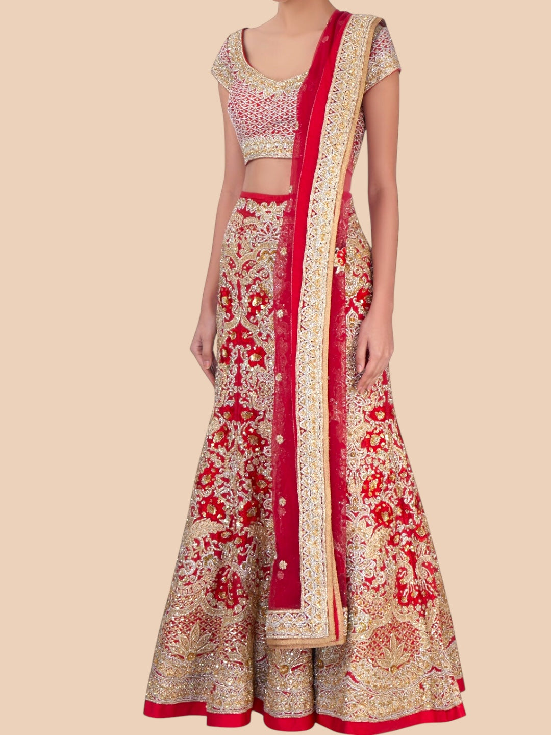 Traditional Indian outfit with red and gold patterns on a beige background