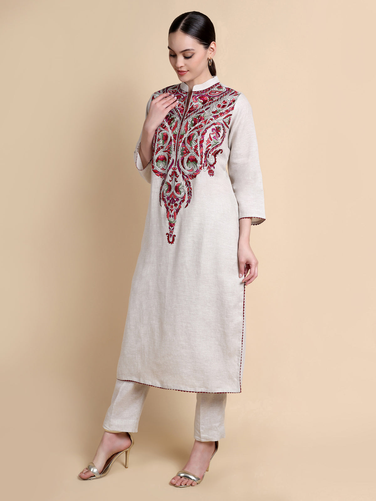 Beige Linen Kurta with Maroon Paisley Embroidery