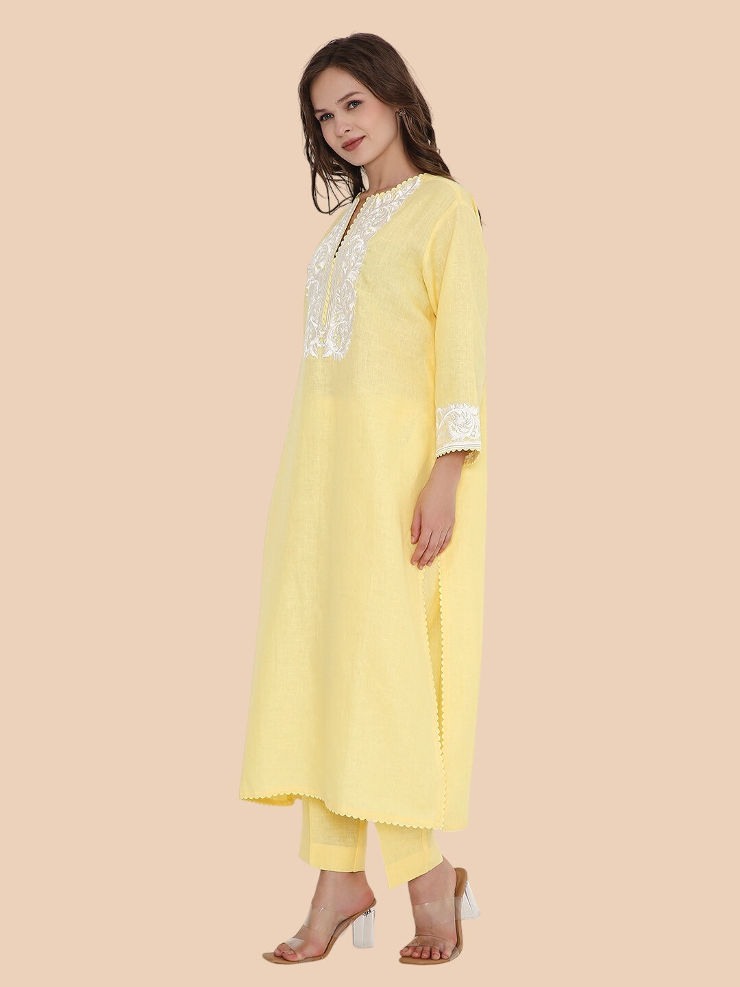 Yellow Linen Kurta with Ivory Embroidery