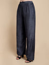 Dark blue wide-leg pants on a beige background