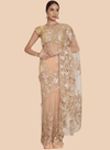 Front view of peach net sari with gold and floral 9-yard embroidered border