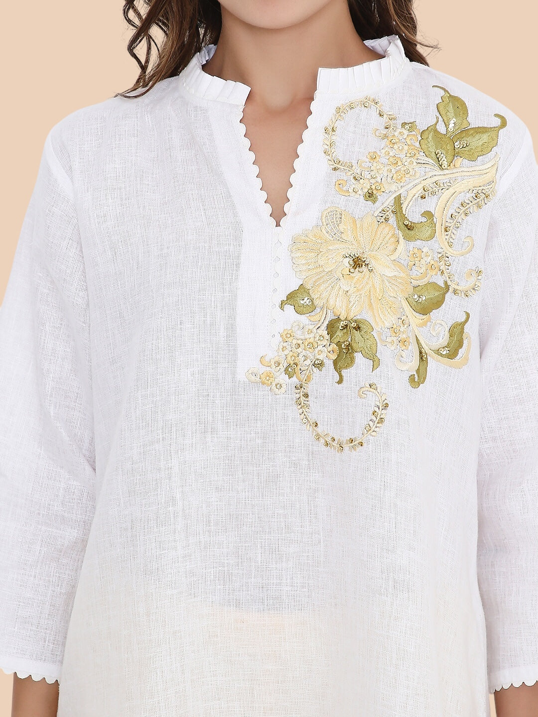 White Linen Kurti with Yellow Floral Resham Embroidery