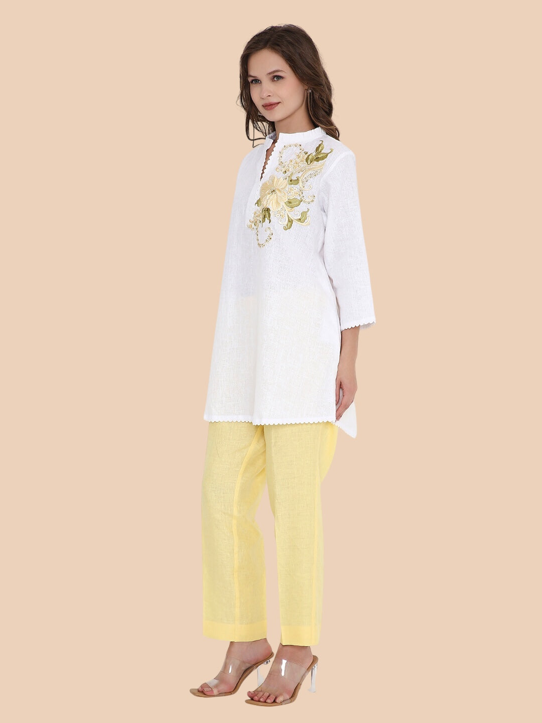 White Linen Kurti with Yellow Floral Resham Embroidery