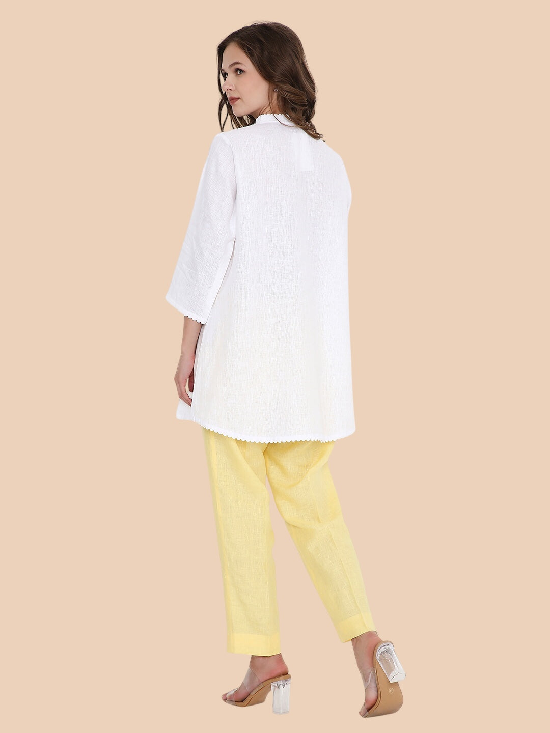 White Linen Kurti with Yellow Floral Resham Embroidery