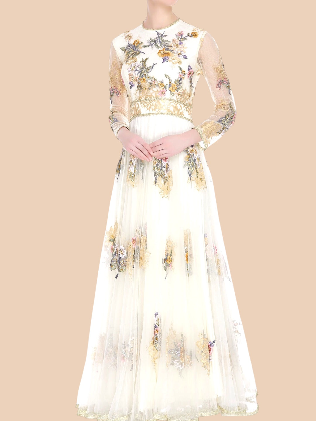  Ivory gown featuring floral embroidery and sheer sleeves, adorned with gold lace appliqué for a timeless elegance.