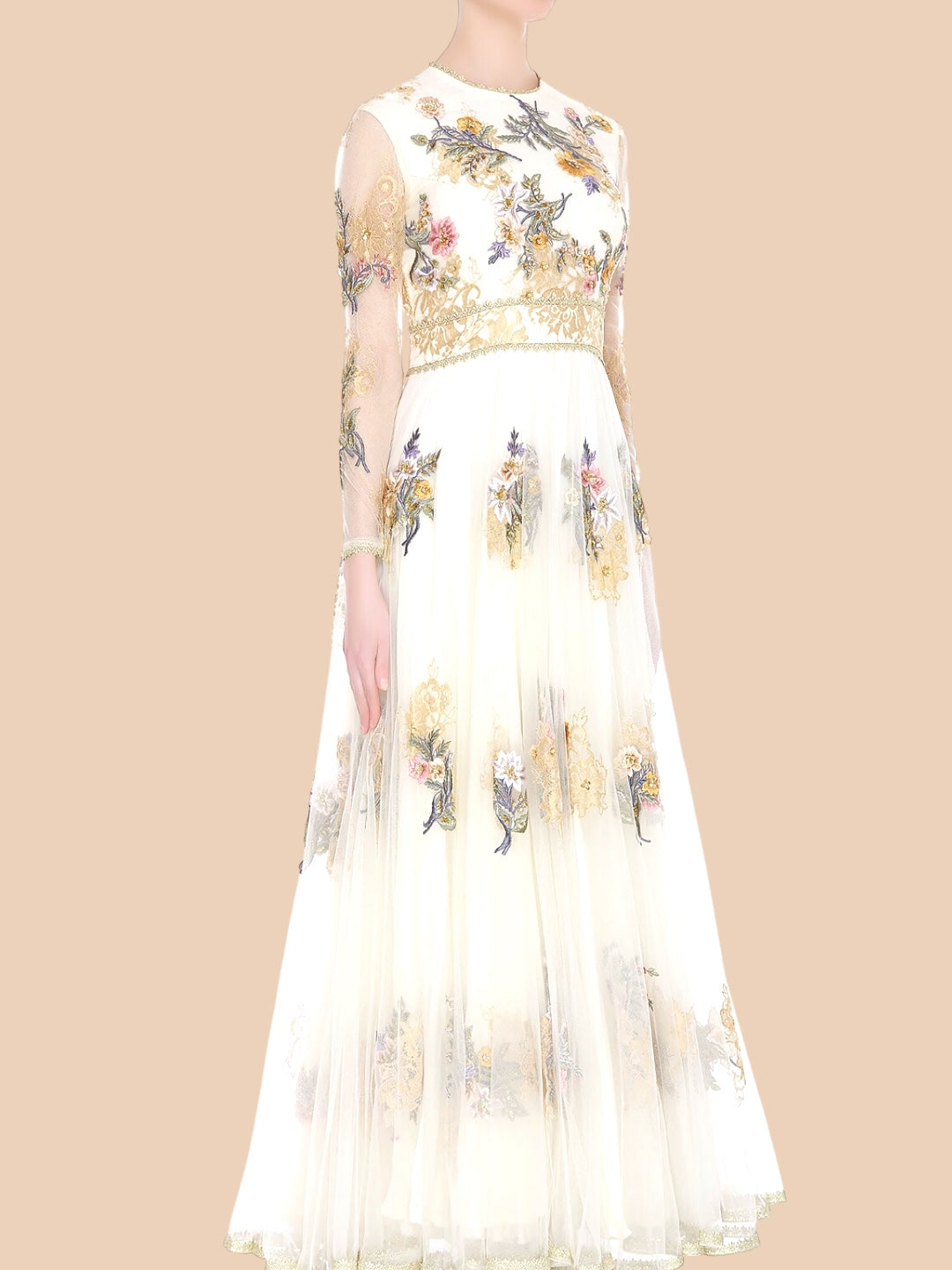  Ivory gown featuring floral embroidery and sheer sleeves, adorned with gold lace appliqué for a timeless elegance.