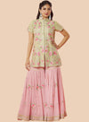  Stunning pink embroidered lehenga suit with a floral silk top, paired with a matching dupatta and georgette sharara.