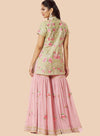  Stunning pink embroidered lehenga suit with a floral silk top, paired with a matching dupatta and georgette sharara.