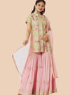  Stunning pink embroidered lehenga suit with a floral silk top, paired with a matching dupatta and georgette sharara.