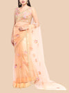 Luxurious peach net sari featuring floral embroidery, complemented by a sleeveless brocade blouse and unstitched petticoat.  