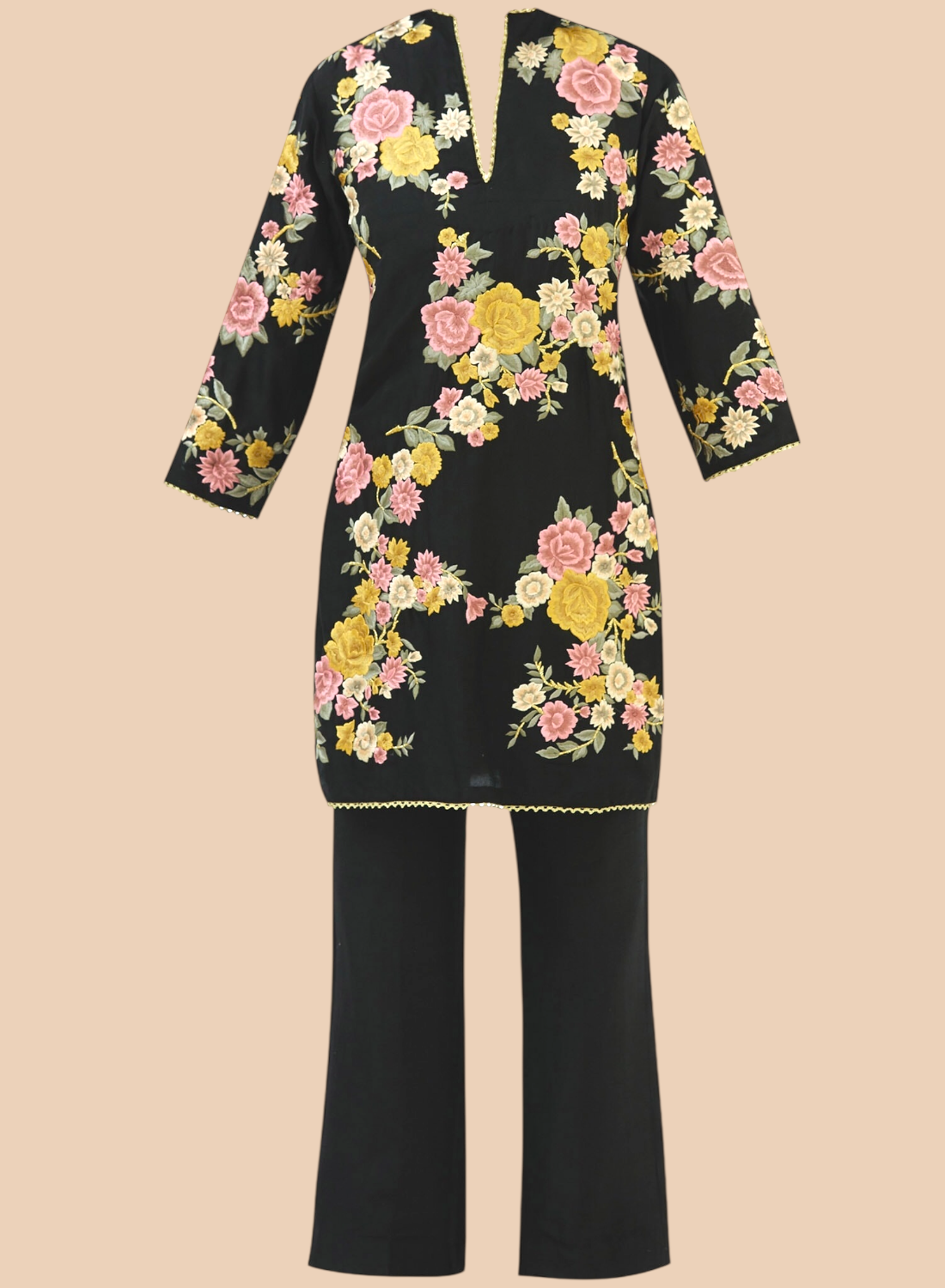 Black pure silk suit featuring floral embroidery, paired with narrow trousers and a delicate net dupatta for a refined look.