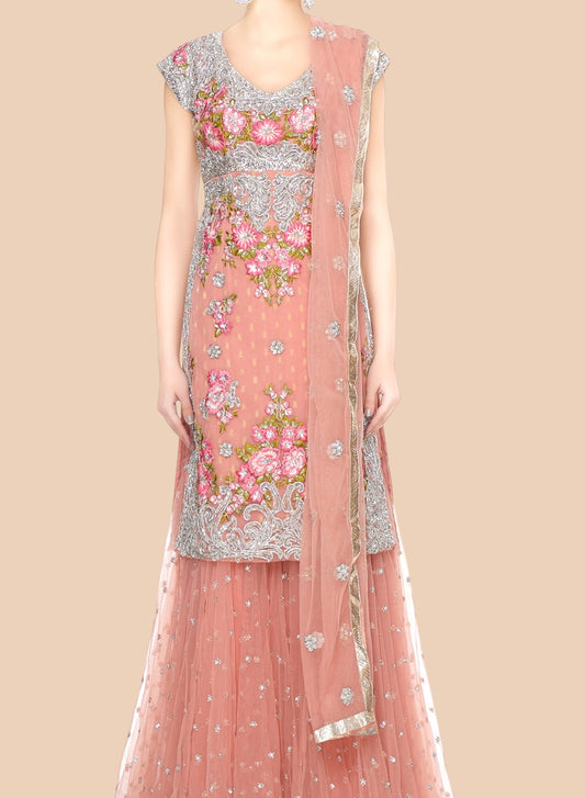 Beautiful rose net Sharara set adorned with floral embroidery and silver scrolls, paired with a delicate dupatta for elegance.