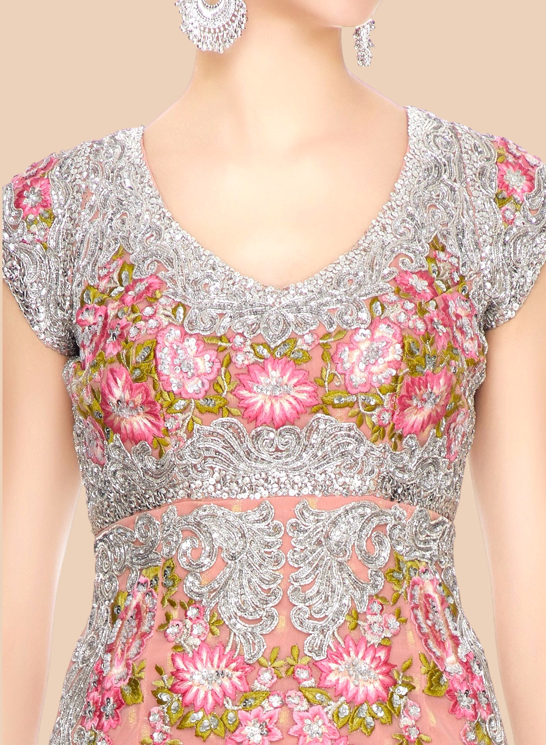 Beautiful rose net Sharara set adorned with floral embroidery and silver scrolls, paired with a delicate dupatta for elegance.