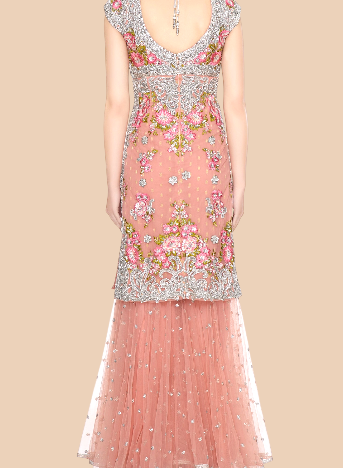 Beautiful rose net Sharara set adorned with floral embroidery and silver scrolls, paired with a delicate dupatta for elegance.