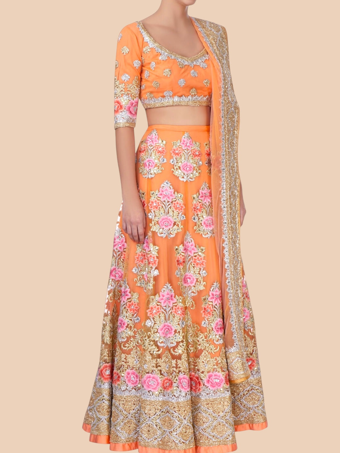 Apricot Pure Silk Lehenga Set with Gold Zardozi & Floral Embroidery