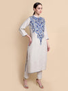 Beige Linen Kurta with Blue Paisley Embroidery