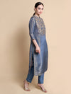 Navy Tissue Kurta with Antique embroidery. With a Silk Dupion Trouser