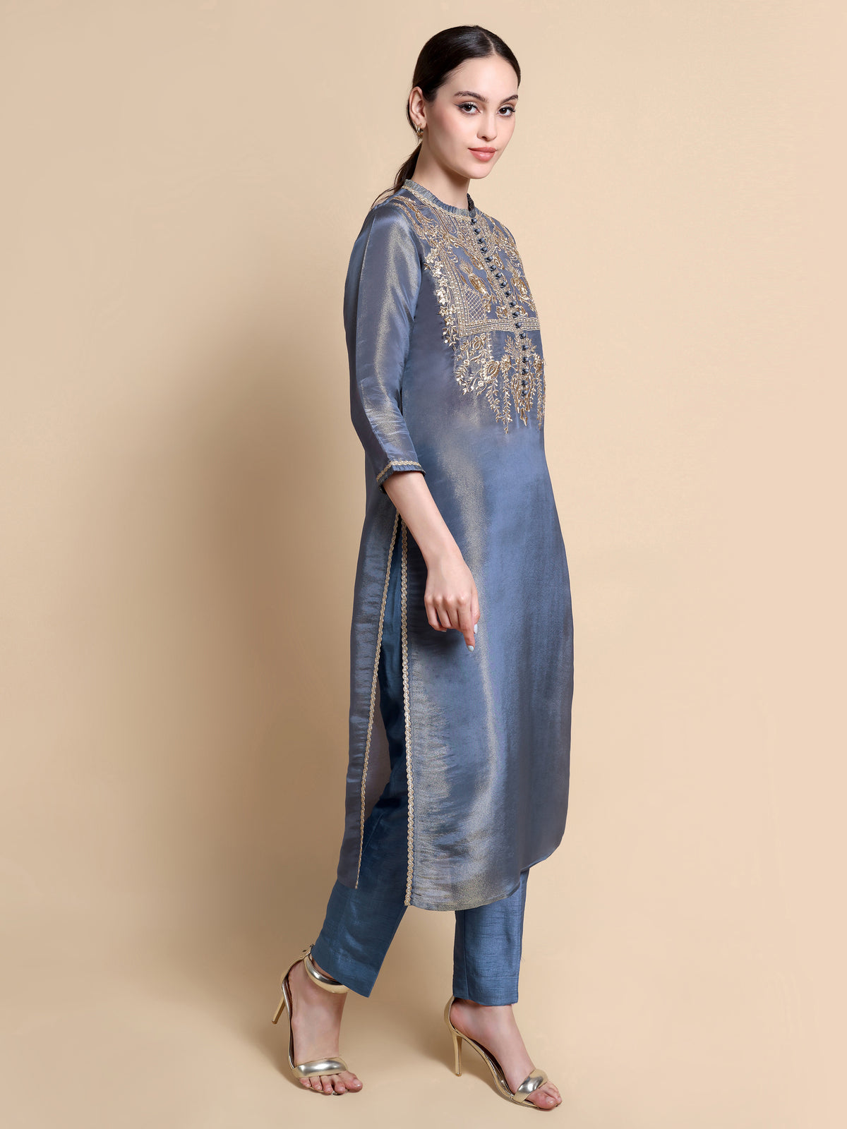 Navy Tissue Kurta with Antique embroidery. With a Silk Dupion Trouser