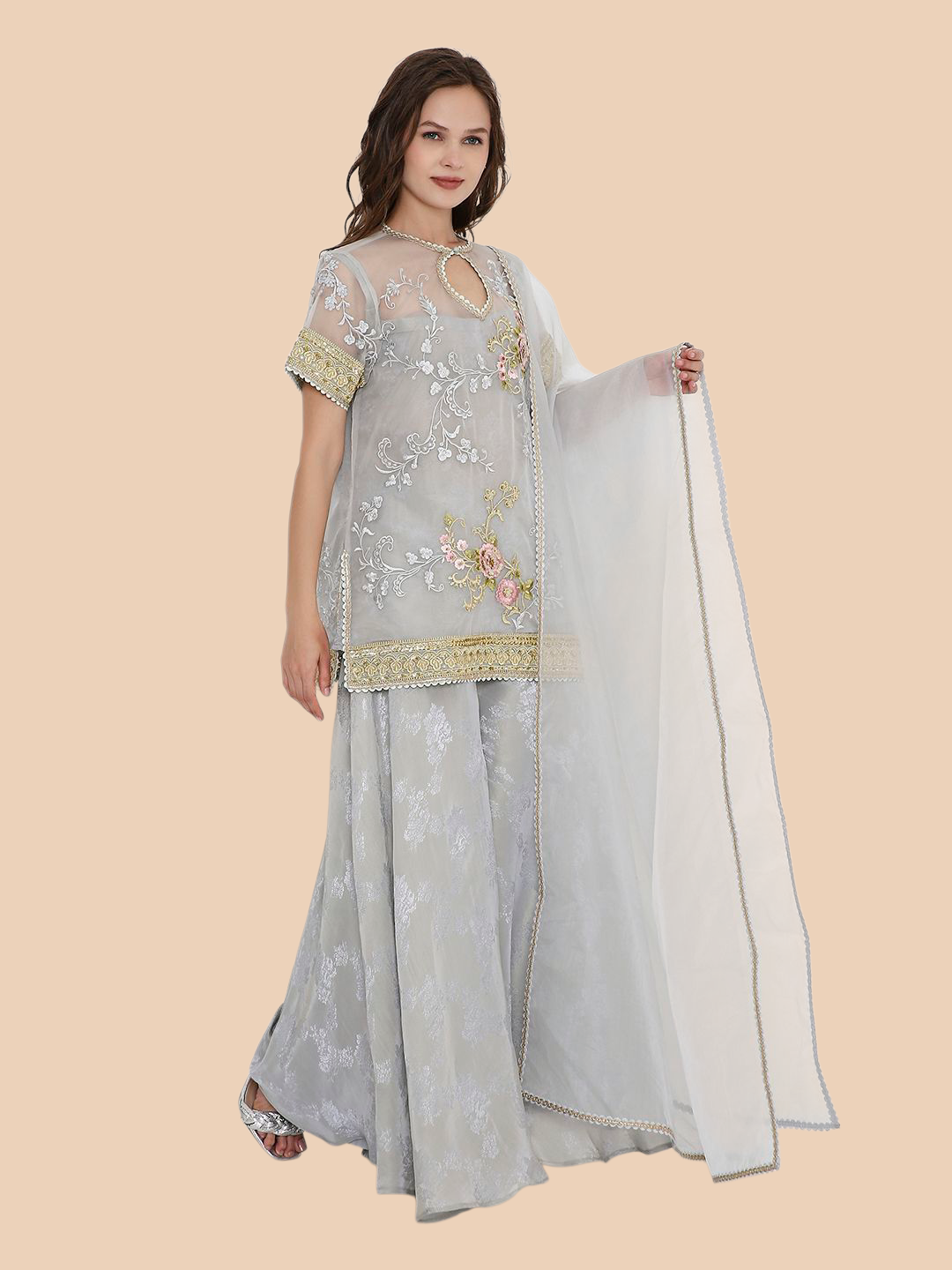 Oyster Organza Kurti with Jacquard Sharara Pants & Dupatta